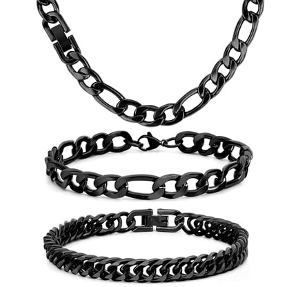 3PCS Figaro Necklace Bracelet Cuban Bracelet, Silver Gold Black Sturdy 316L Stainless Steel Cuban Link Figaro Chain for Men Jewelry Set with Gift Message Card 8mm, 7/8/9 Inches - color: Black, size: Bracelet width:7 inches