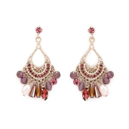 Fringe Dangling Tassel Earrings for Women, Handcrafted Chandelier Long Bohemian Beaded Cubic Zirconia Crystal Imitation Pearls Inlay Statement Boho Chain Hook Earrings for Wedding Party - color: Gold Teardrop Purple Crystal