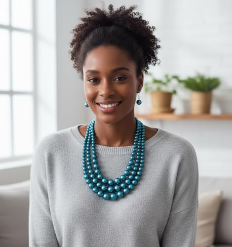Fashion 21 Women's Faux Pearl Three Multi-Strand Statement Necklace and Earrings Set - color: Teal