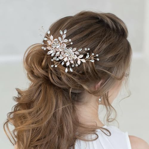Bridal Hair Accessories Wedding Hair Comb for Brides, Handmade Rhinestone Hair Wedding Head Pieces for Women and Bridesmaids Flower Girls, Light Rose Gold - color: Light Rose Gold