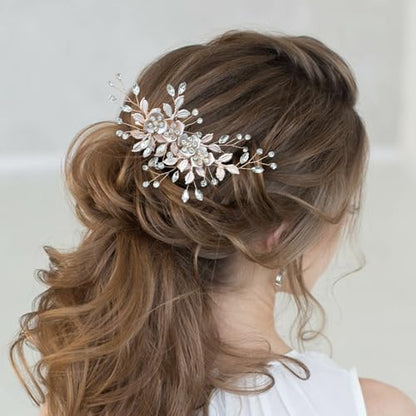Bridal Hair Accessories Wedding Hair Comb for Brides, Handmade Rhinestone Hair Wedding Head Pieces for Women and Bridesmaids Flower Girls, Light Rose Gold - color: Light Rose Gold