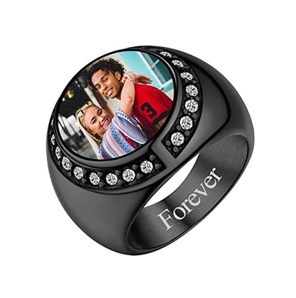 FindChic Customized Signet Photo Rings Square/Heart/Round Chunky Band Ring Stainless Steel/18K Gold Plated/Black Size 7 to 14 Personalized Jewelry for Men Women, Send Gift Box - color: 02. round (black)