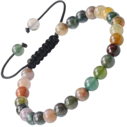 MASSIVE BEADS Natural Healing Power Gemstone Crystal Beads Unisex Adjustable Macrame Bracelets - color: Indian Agate, size: 6mm