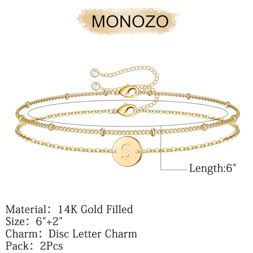 Gold Initial Bracelets for Women Girls Jewelry Gifts - Dainty 14K Gold Plated Layered Beaded Letter Bracelet 26 Alphabet Disc Monogram Initial Bracelets Birthday Gifts for Women Girls Teens - style: S