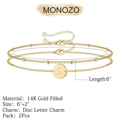 Gold Initial Bracelets for Women Girls Jewelry Gifts - Dainty 14K Gold Plated Layered Beaded Letter Bracelet 26 Alphabet Disc Monogram Initial Bracelets Birthday Gifts for Women Girls Teens - style: S