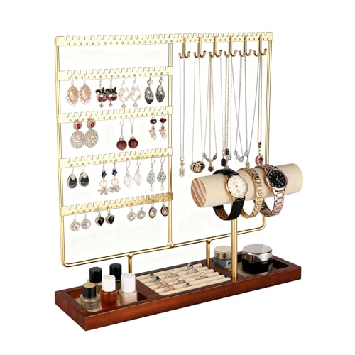 Ciormis Jewelry Organizer Stand， 5-Tier Earring Holder for Women and Girls | Earring Organizer with 72 Holes and 12 Hooks, Multifunctional Jewelry Stand and Display, Gold Necklace Holder for Mother Gift - color: Gold-new