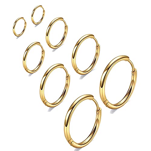 316L Surgical Stainless Steel Huggie Hoop Earrings 6mm 8mm 10mm 11mm 12mm 14mm Hypoallergenic Earrings Hoop Cartilage Helix Lobes Hinged Sleeper Earrings For Men Women - style: G01:4Pairs gold(6mm/8mm/10mm/12mm)18G