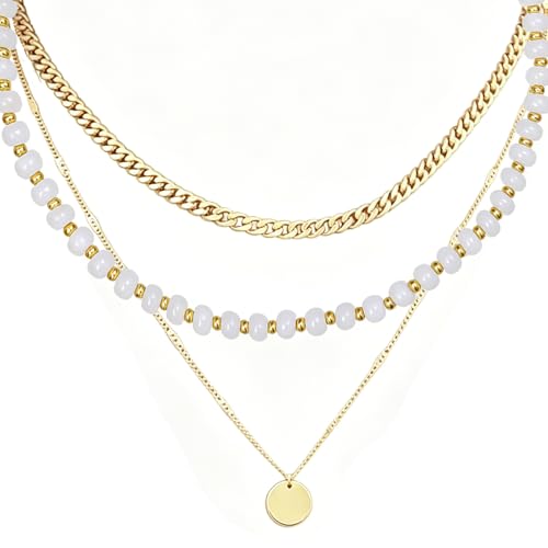 Layered Necklaces for Women Multicolor Gemstone Colorful Bead Choker With Chian Cute 14k Gold Round Pendant Summer Beach Boho Statement Jewelry Trendy Set