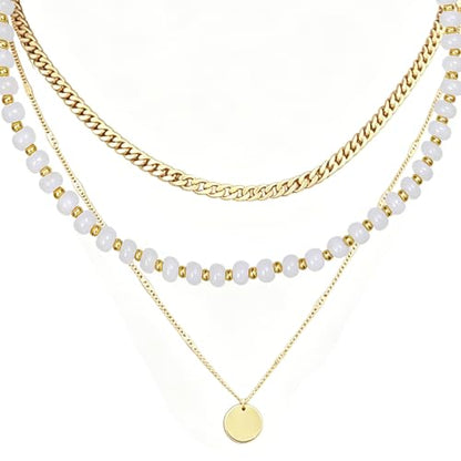 Layered Necklaces for Women Multicolor Gemstone Colorful Bead Choker With Chian Cute 14k Gold Round Pendant Summer Beach Boho Statement Jewelry Trendy Set