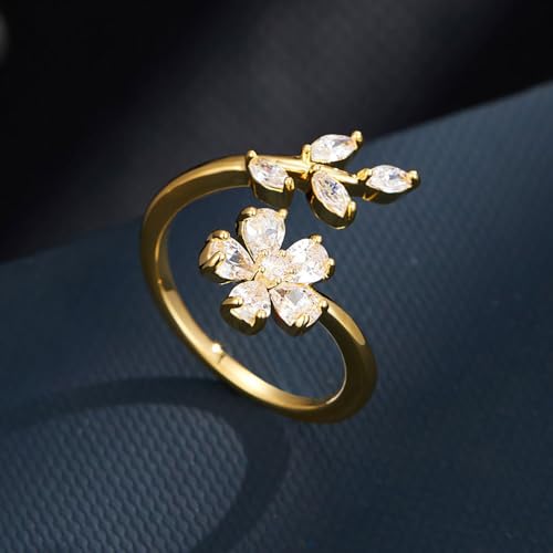 Kokoma Delicate Flower Leaf Wrap Finger Ring for Women Pink Cubic Zirconia Crystal Floral Statement Ring Promise Engagement Rings Adjustable Open Band - color: White