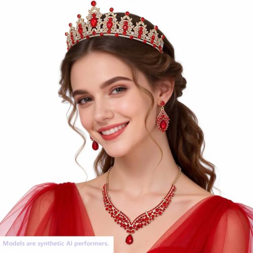 Kamirola Bridal Wedding Tiara Crown Jewelry Set for Women/Brides/Bridesmaids Crystal Jewelry Set for Wedding Prom Party Bridal Crystal Necklace Earrings Bracelet Set(TR60) - color: Gold Red