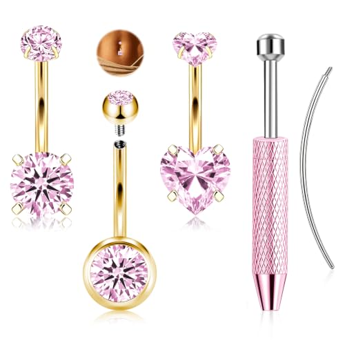 ONESING 14G Belly Button Rings Hypoallergenic Surgical Stainless Steel Belly Rings for Women Round Heart Teardrop Cubic Zirconia 12MM Navel Piercing Jewelry Barbell Studs with Tools - color: Gold B-Pink CZ-14G