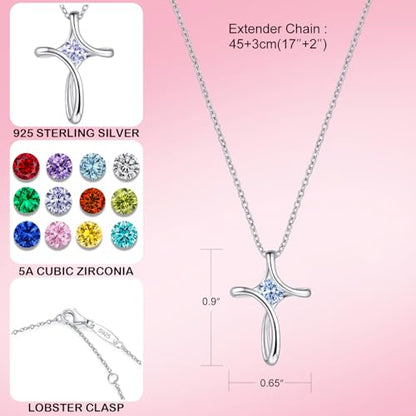 Cross Necklace for Women 925 Sterling Silver Birthstone Necklace for Women | Silver Necklaces with Diamond Sideways Birthstone Jewelry Gifts for Women 45+3cm Adjustable Chain - color: 03-March-Aquamarine