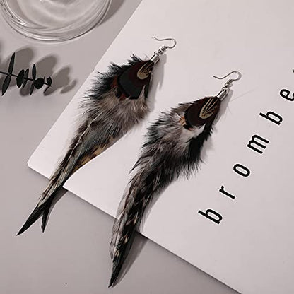 Bohemian Long Feather Earrings for Women Handmade Natural Dangle Tassel Jewelry - color: Style H