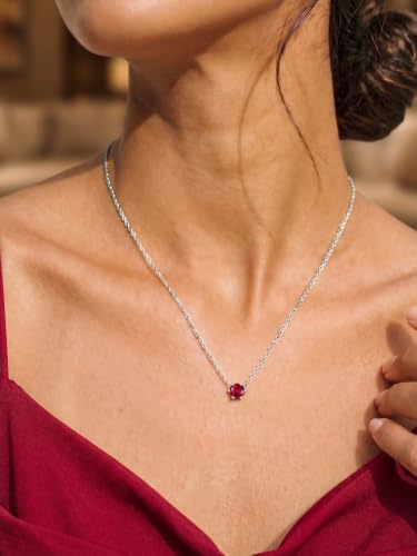 Silvora Heart/Round Birthstone Necklace for Women, Sparkling Crystal Pendant, Dainty Birth Month Jewelry, Adjustable 16"+2" Chain - color: Silver, style: July Round