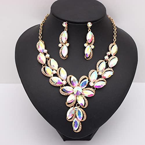 Jewelry Set for Women Rhinestone Austrian Crystal Statement Flower Necklace Link Bangle Bracelet Dangle Earrings Rings Allergy Free Wedding Party Jewelry Set for Bridal Bridesmaid - color: AB Crystal-Gold Plated