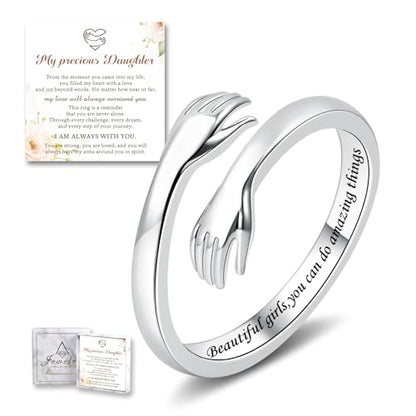 Sterling Silver Hug Ring for Women Teen Girls Adjustable Love Promise Ring Inspirational Open Rings Mothers Day Birthday Gift for Daughter Granddaughter Mom Wife Best Friend - color: Silver / Daughter Gift(Beautiful g***s,you can do amazing things)