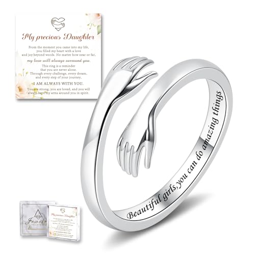 Sterling Silver Hug Ring for Women Teen Girls Adjustable Love Promise Ring Inspirational Open Rings Mothers Day Birthday Gift for Daughter Granddaughter Mom Wife Best Friend - color: Silver / Daughter Gift(Beautiful g***s,you can do amazing things)