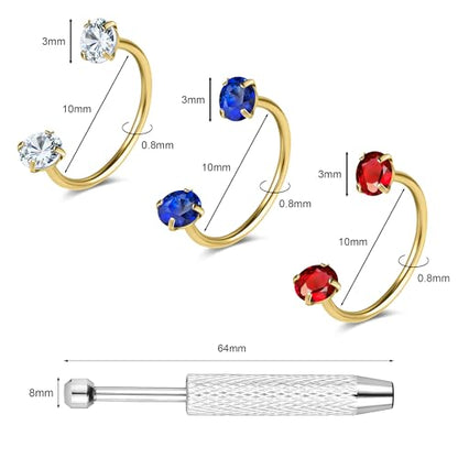 G23 Titanium 20G Horseshoe Nose Rings | Horse Shoe Nose Ring Hoops, Surgical Steel Half Cartilage Tragus Earring Hoop, Internally Threaded, Double Cubic Zirconia - style: 3PCS 10MM-Gold Ring