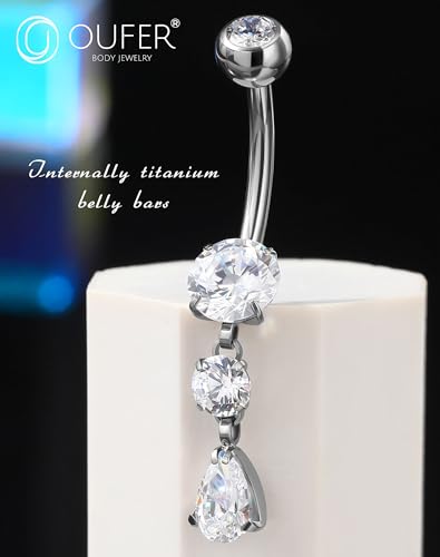 OUFER Dangle Belly Button Rings, Titanium Belly Rings, Clear CZ Dangle Belly Piercing Jewelry, Navel Piercing Jewelry, Internally Threaded Belly Rings For Women Men-10MM