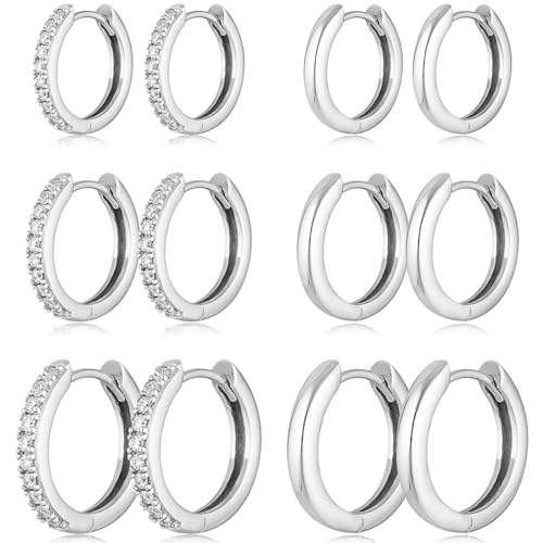 Gold Hoop Earrings Set Huggie Hoop Earrings Hypoallergenic Tiny Lightweight Cartilage Cubic Zirconia Jewelry Everyday Earrings for Women Piercing - color: 6Pairs Silver