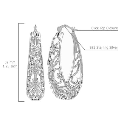 LeCalla 925 Sterling Silver Hoop Earrings | Women's Filigree Hoop Earrings | Openwork Mesh Filigree Cut Earring | Lightweight & Hypoallergenic Vintage Hoop Earrings for Women - style: Silver / Oval Filigree