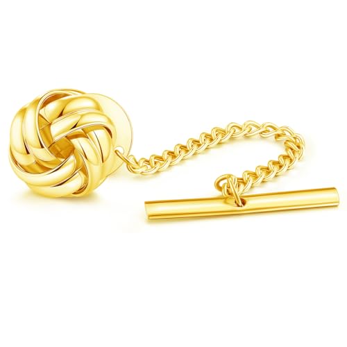 HONEY BEAR Knot Twisted Tie Tack with Chain for Men Necktie Accessory Gift | Tarnish-Resistant Tie Pin, Copper Base with Steel Plating, Secure Locking Clasp, Elegantly Gift Boxed - color: Shinny Gold