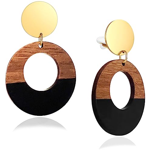 Wooden Geometric Clip On Earrings Women Gold Black Wood Non Pierced Ears Dangle Drop Earrings Triangle Leaf Comfortable Clip Earrings Jewelry - color: Circle_Black+Gold