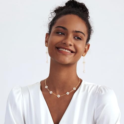 Pearl Earrings for Women 14k Gold/Silver Pearl Drop Earrings Long White Pearl Tassel Dangle Statement Earrings Bridal Wedding Dainty Prom Earrings Birthday Gifts Jewelry - color: Gold Daisy Pearl Drop Earrings