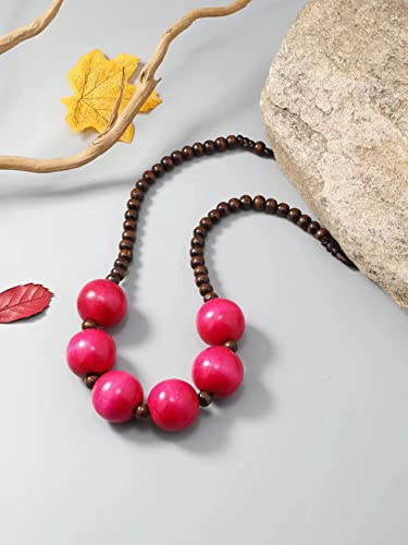 COLORFUL BLING Ethnic Large Chunky Wooden Beaded Necklaces Boho African Statement Necklace Handmade Tribal Collar Choker Bib Jewelry - color: six beads rose