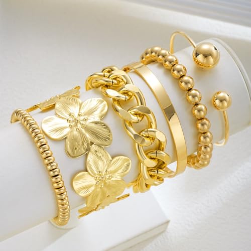 Golden Stackable Bracelets Set for Women Trendy Multi Layer Adjustable Chunk Flower Cuff Bracelet Geometric Irregular Wave Statement Bangle Glamour Stacking Cuff Jewelry - color: Gold-D