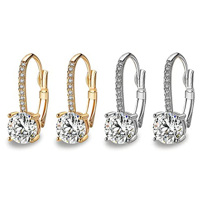 Ladies 1 Carat Diamond Pendant Earrings 18K Gold Plated Cubic Zirconia Hanging Lever Bridal Earrings Girls and Women's Fashion Jewelry - color: 2-Color Set (Gold, silver)