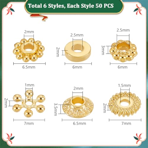 PH PandaHall 300PCS Golden Spacer Beads, 6 Styles Alloy Disc Spacers Donut Bicone Flower Loose Beads Snowflake Gear Jewelry Bead Charm for Bracelet Necklace Earring Jewelry Making Supplies - color: Gold Flower