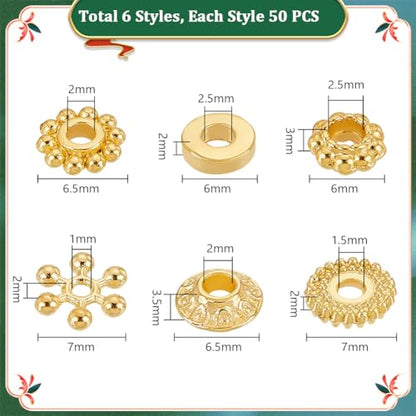 PH PandaHall 300PCS Golden Spacer Beads, 6 Styles Alloy Disc Spacers Donut Bicone Flower Loose Beads Snowflake Gear Jewelry Bead Charm for Bracelet Necklace Earring Jewelry Making Supplies - color: Gold Flower