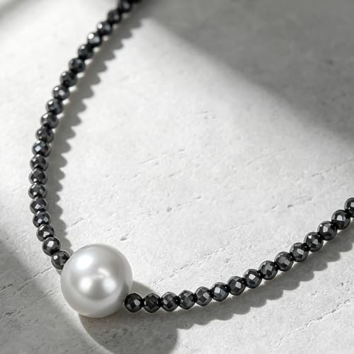 Single Pearl Choker Pendant Necklaces for Women, Natural Gemstone Womens Black Stone Beaded Choker Necklace, Dainty Round Freshwater Pearl Handmade Jewelry Gift Women Birthday Bridesmaids Anniversary 16 18 inch - color: 04-grey, size: 16"