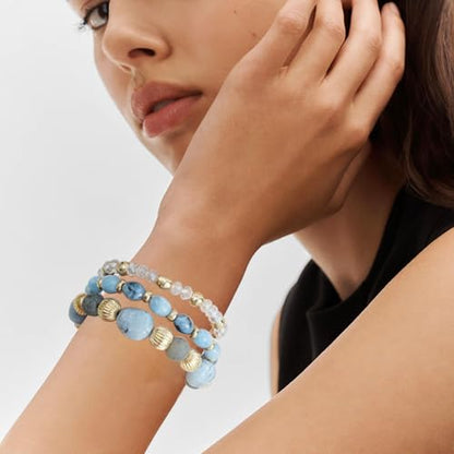 Boho Beaded Stretch Bracelets For Women Stackable Crystal Gold Plated Beaded Bracelets Set Trendy Handmade Friendship Braeclet Jewelry Gifts - color: L-Blue white 3pcs