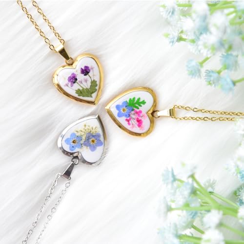 Heart Locket Necklace That Holds Pictures Pressed Flower Photo Locket Pendant Necklace for Girl Women Gift for Her - style: forget me not-silver