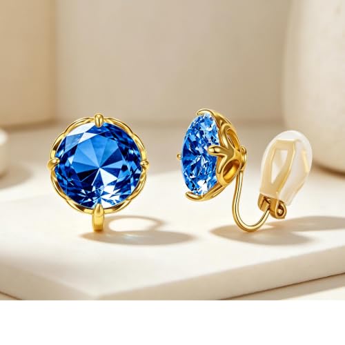 Round Austrian Crystal Clip On Earrings for Women Non Pierced Earrings, Hypoallergenic Clip-on Earrings Jewelry Gift for Sensitive Ears - color: Blue