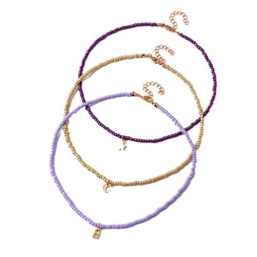 Handmade Multilayered Rainbow Colorful Beads Link Chain Moon Star Butterfly Pendant Choker Necklace Friendship Creative Beach Costume Jewelry for Women - color: Purple