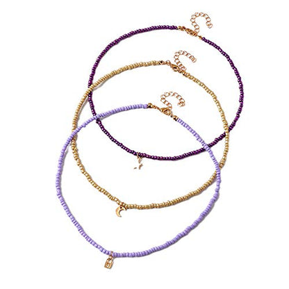 Handmade Multilayered Rainbow Colorful Beads Link Chain Moon Star Butterfly Pendant Choker Necklace Friendship Creative Beach Costume Jewelry for Women - color: Purple