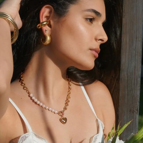 18k Gold Plated Chain Link Necklace for Women, Baroque Pearl/Compass Pendant Necklace - color: Half Pearl
