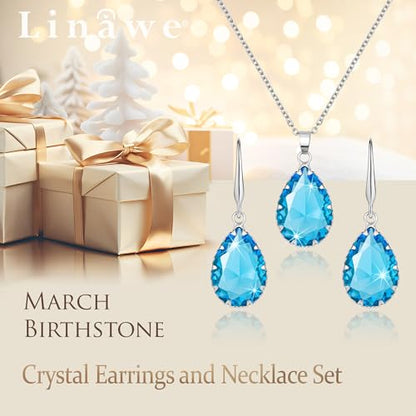 Linawe Crystal Jewelry Sets for Women, Imitation Diamond Pendant Necklace, Rhinestone Drop Dangle Earrings, Birthstone Cubic Zirconia Matching Wedding Jewelry, 14K Gold/Rose Gold/Silver Tones - color: Silver,Aquamarine,Mar