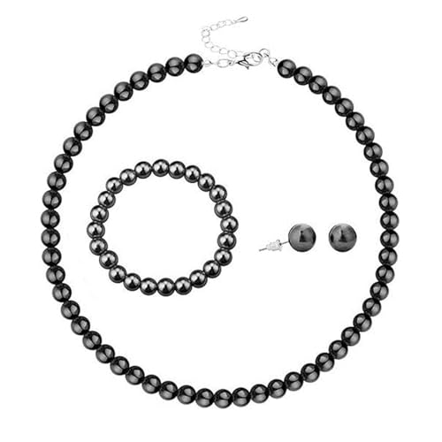 xuzhiyuan 10mm Faux Pearl Jewelry Set for Women, Classic 3-Piece Necklace Bracelet and Earring Set, Hypoallergenic Fashion Jewelry Gift for Mom Wife - color: Black