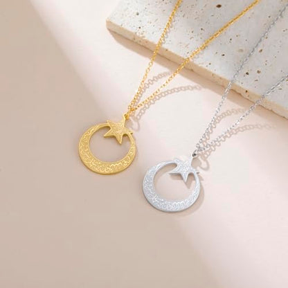 VASSAGO Islamic Ayatul Kursi Necklace Crescent Moon and Star Pendant Arabic Muslim Quran Calligraphy Allah Jewelry Stainless Steel Islam Eid Ramadan Gift for Women Men - color: Silver