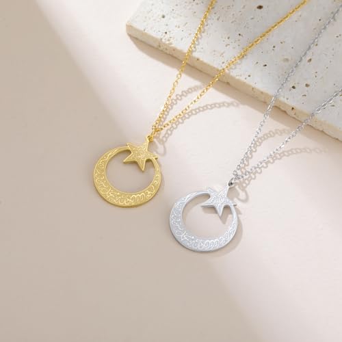 VASSAGO Islamic Ayatul Kursi Necklace Crescent Moon and Star Pendant Arabic Muslim Quran Calligraphy Allah Jewelry Stainless Steel Islam Eid Ramadan Gift for Women Men - color: Gold