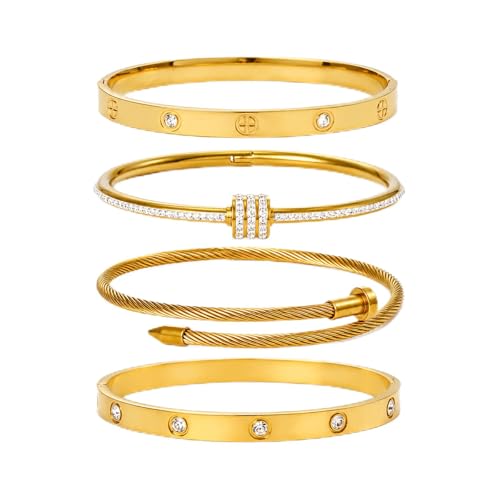 Gold Bangles for Women, 4 Pcs 18K Gold Plated Stainless Steel Stackable Bangle Bracelets, Non Tarnish CZ Bangles Set, Trendy Jewelry Gifts for Women - color: Gold-3