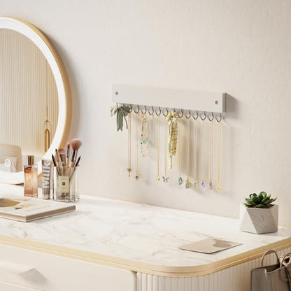 Lolalet Wooden Necklace Holder for Wall with 15 Hooks -White | Wall Mount Jewelry Hangers for Necklaces, Chains, Bracelets and Earrings, Tangle-free, Easy to Install - color: White