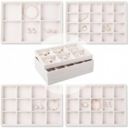 Unittype Set of 4 Stackable Jewelry Organizer Tray for Drawer Inserts Velvet Necklace Earring Bracelet Ring Holder Jewelry Display Storage Box for Bangle Stud Necklace Ring(6/12/15/24 Grid,Beige) - color: Beige, style: 6/12/15/24 Grid