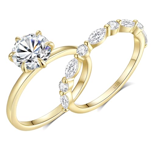 Moissanite Wedding Ring Bridal Set for Women, 3.3CTTW(2CT Center) Round Cut 9K Gold Plated D Color VVS1 Clarity, 925 Sterling Silver Wedding Band Engagement Rings for Her