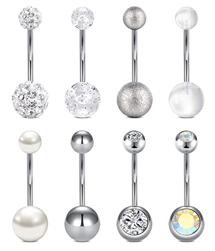 VCMART 14g 12mm & 14mm Navel Ring - Surgical Steel Belly Rings in Silver, Pink & Green for Women - Long Bar Belly Button Piercing Jewelry - style: A3 -14mm belly bar, 8pcs